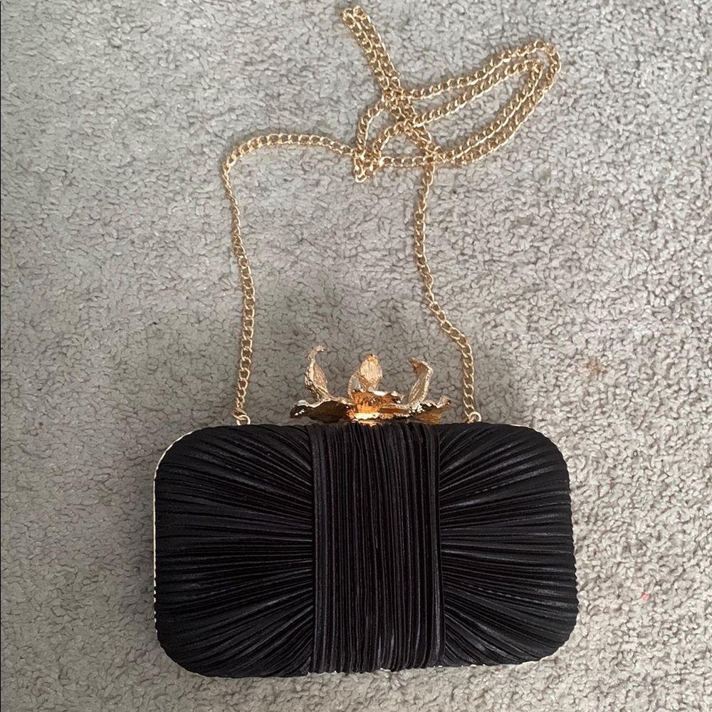 House of Harlow 1960 Black Pleated Satin Clutch with Gold Chain